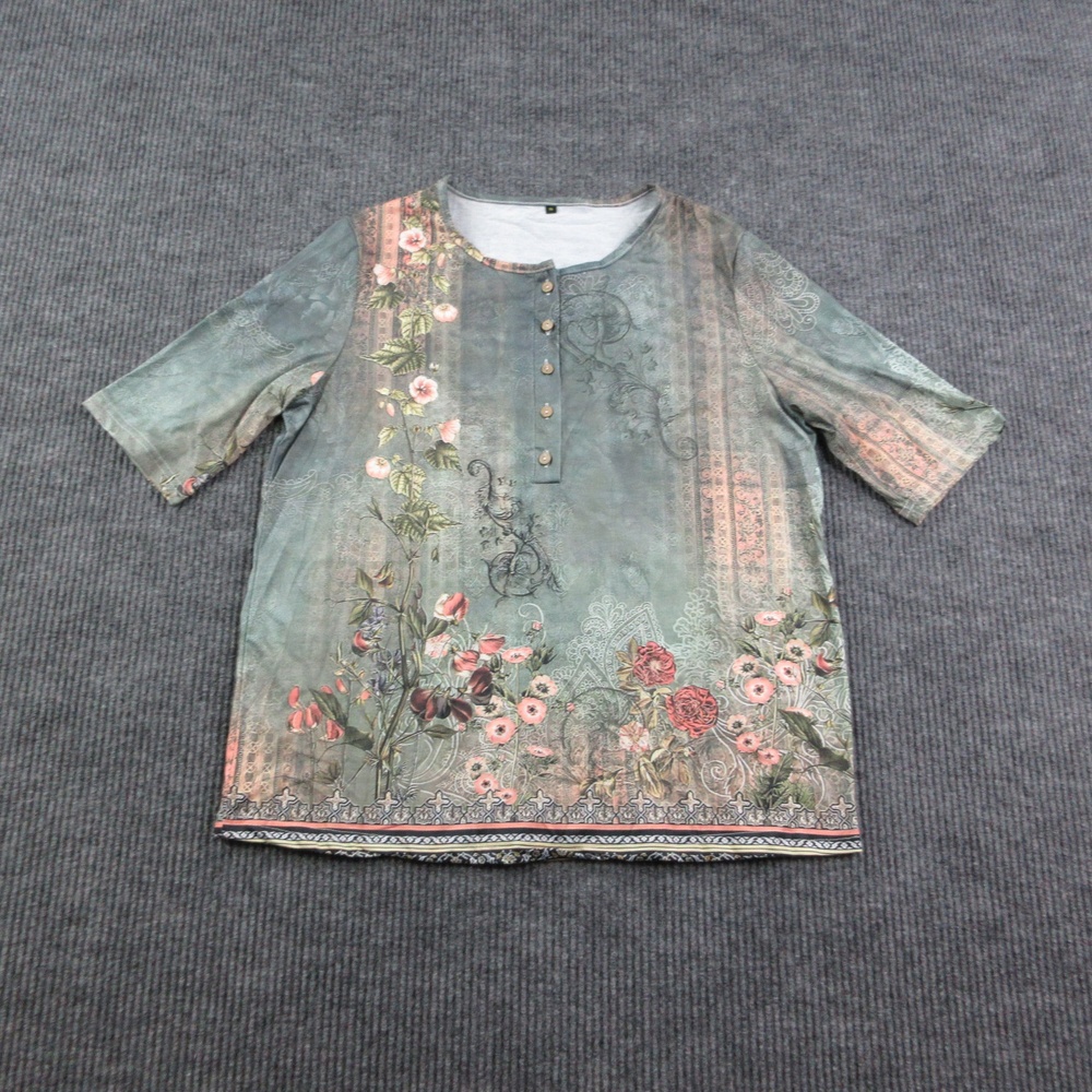 Floral Tunic Blouse Womens XL Green 3/4 Sleeve Round Neck Button Polyester Tee